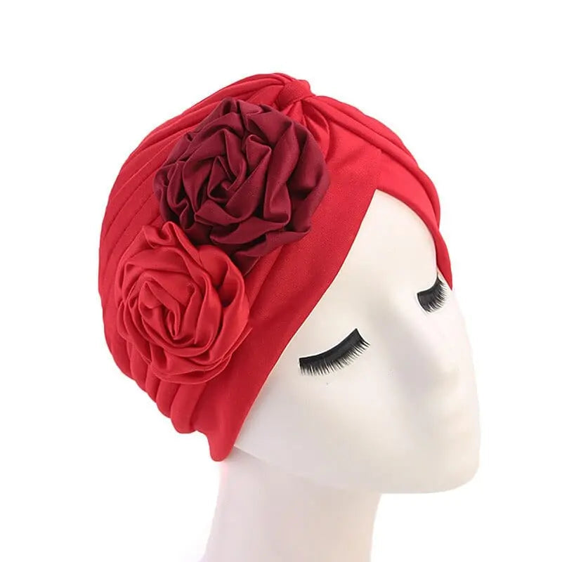 Solid color flower-decorated turban head wrap for women, stylish hair accessory and headwear by Showlu Fashion Store.