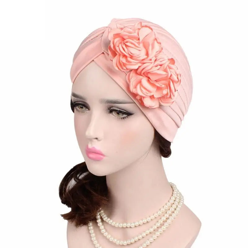 Solid color flower decoration turban for women, stylish head wrap and hair accessory by Showlu Fashion Store.