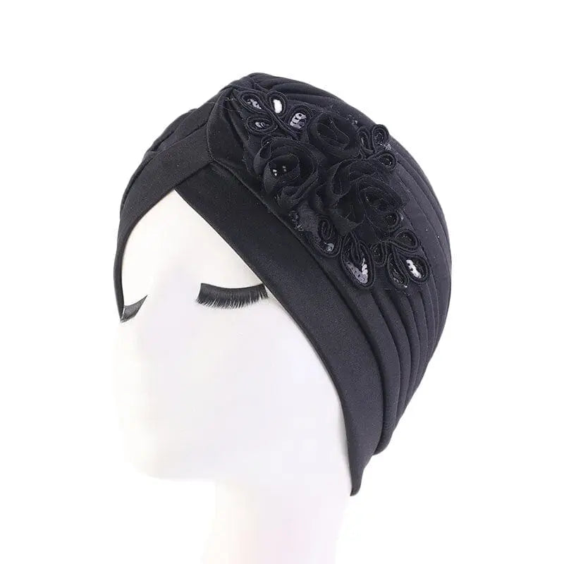 Solid color flower-decorated turban head wrap for women, stylish hair accessory and fashion headwear by Showlu Fashion Store