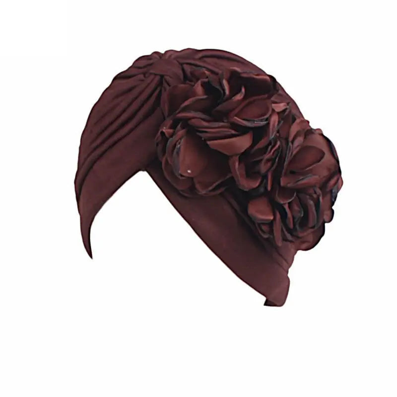 Solid color floral decoration turban head wrap for women, stylish hair accessory and fashion headwear by Showlu Fashion.