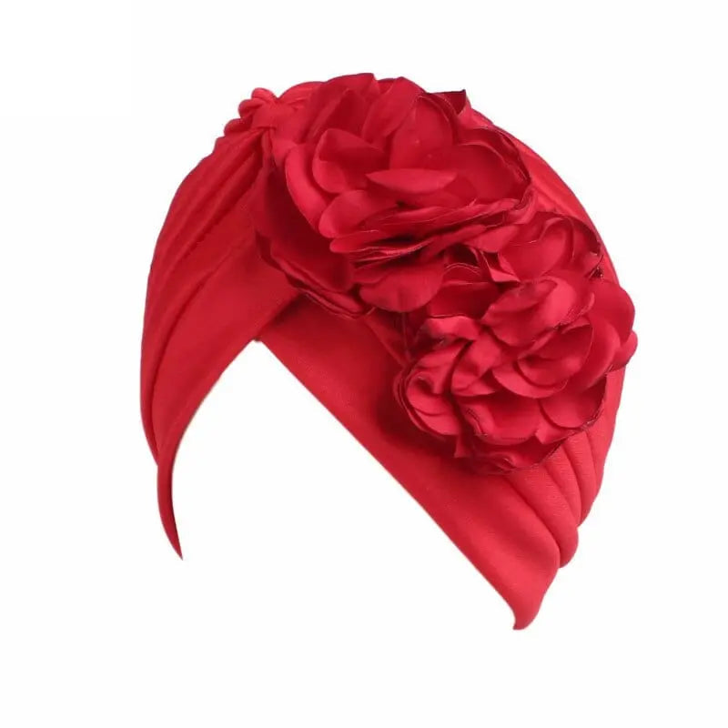 Solid color flower-embellished turban head wrap for women, stylish hair accessory and fashion headwear by Showlu Fashion Store.