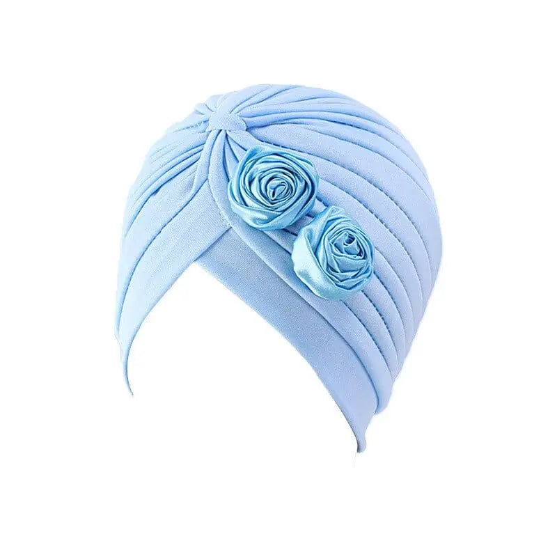 Solid color flower-decorated turban for women, stylish head wrap and hair accessory by Showlu Fashion Store