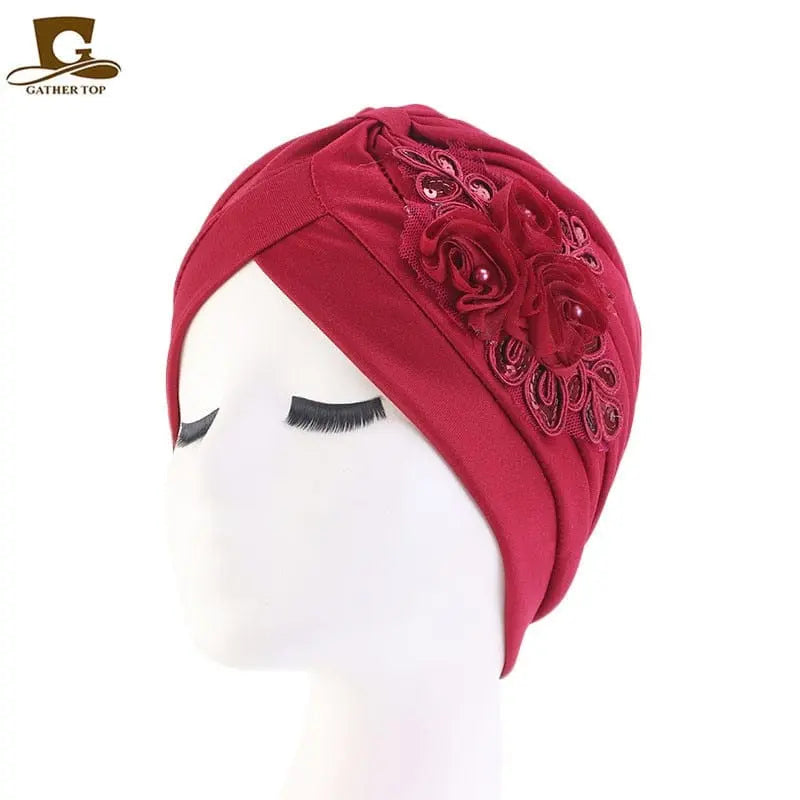 Solid color flower-decorated turban head wrap for women, stylish hair accessory and fashion headwear by Showlu Fashion Store.