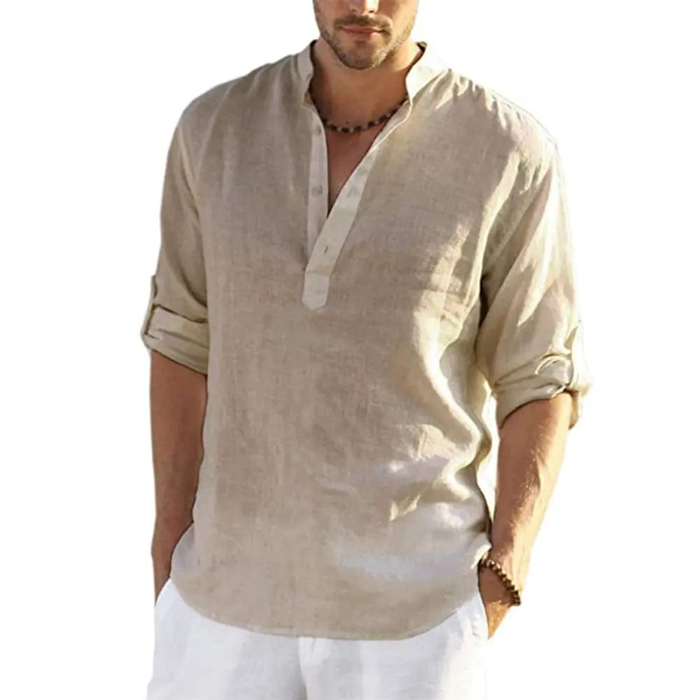Men's cotton linen long sleeve casual shirt with stand collar, beige color, from Showlu Fashion Store, perfect for spring and autumn.