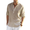 Men's cotton linen long sleeve casual shirt with stand collar, beige color, from Showlu Fashion Store, perfect for spring and autumn.
