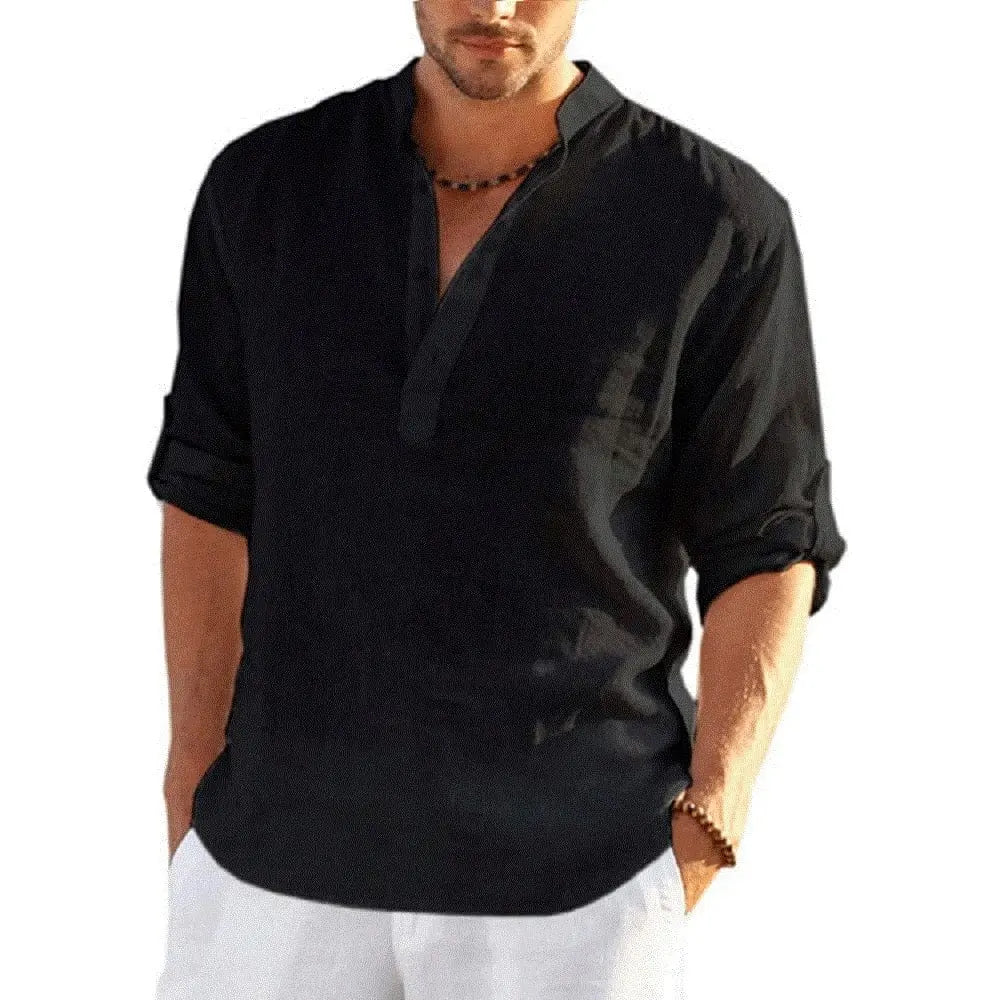 Men's cotton linen long sleeve casual shirt with stand collar, beige color, from Showlu Fashion Store, suitable for spring and autumn wear.