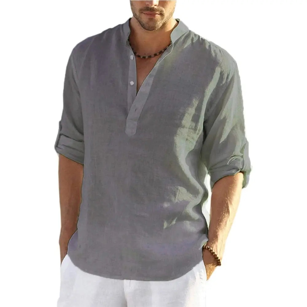 Men's cotton linen long sleeve casual shirt with stand collar, stylish and comfortable, by Showlu Fashion.
