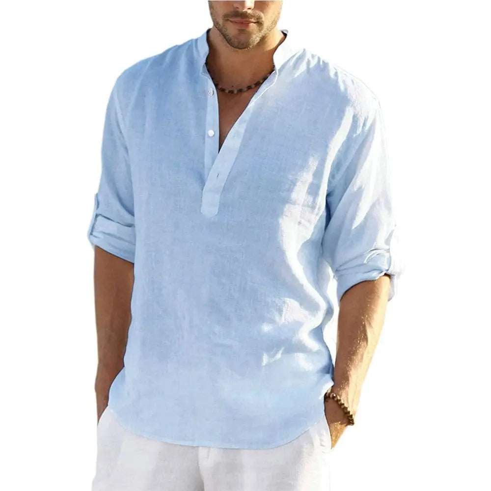 Men's cotton linen long sleeve shirt with casual stand collar, stylish and comfortable, from Showlu Fashion Store.
