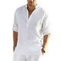 Men's cotton linen long sleeve shirt with stand collar, casual style by Showlu Fashion Store, perfect for spring and autumn.