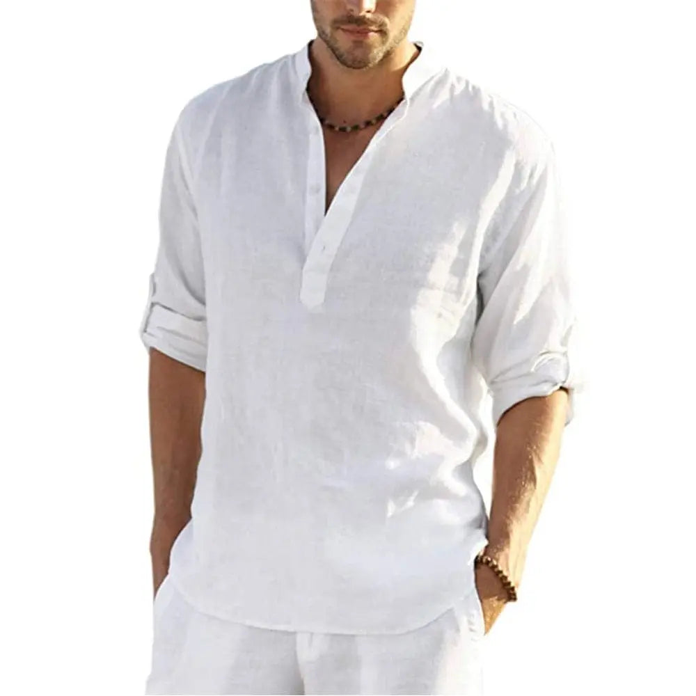 Men's cotton linen long sleeve shirt with stand collar, casual style by Showlu Fashion Store, perfect for spring and autumn.