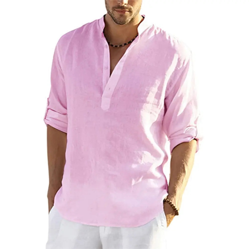 Men's cotton linen long sleeve shirt with casual stand collar, shown in a relaxed fit, ideal for spring and autumn wear.