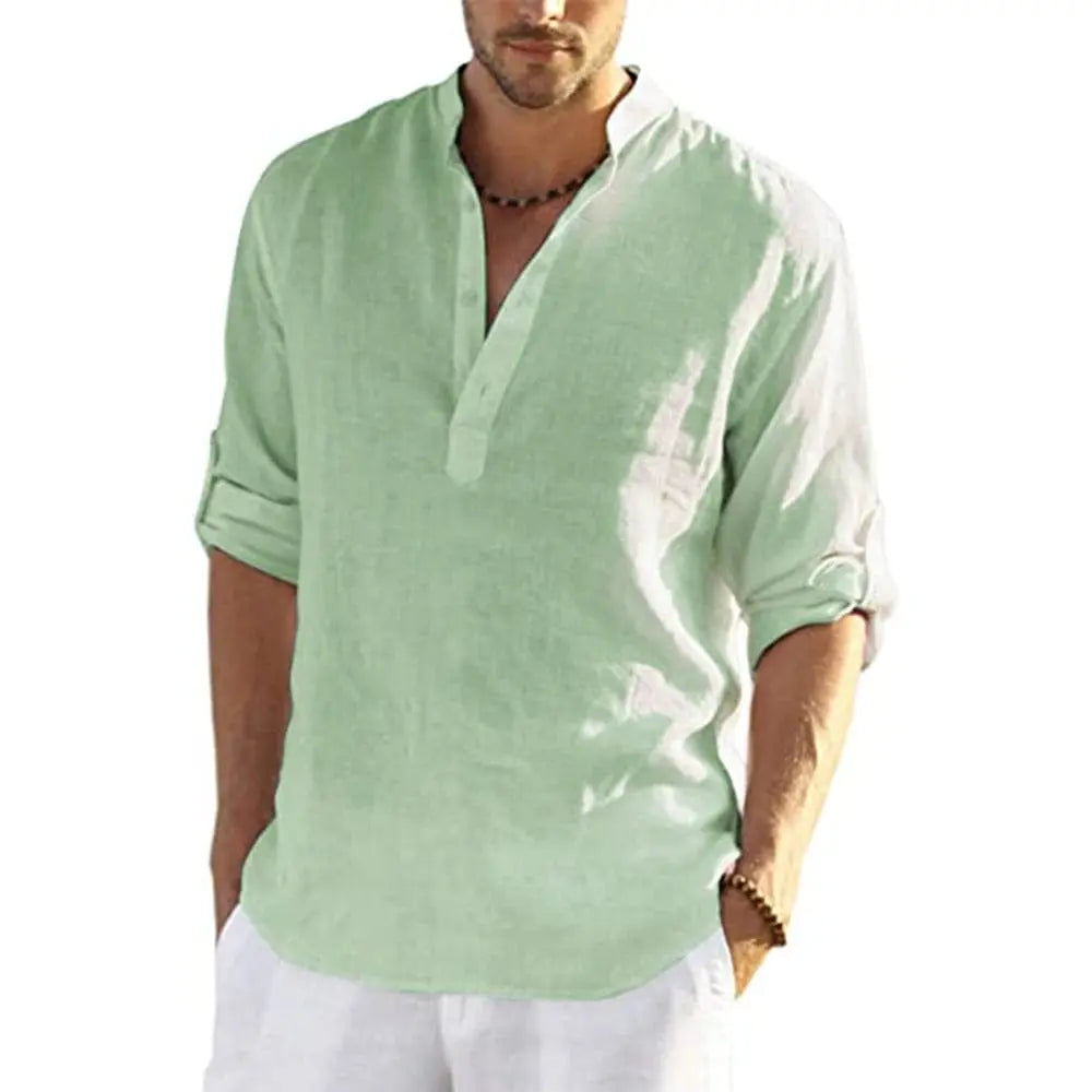 Men's cotton linen long sleeve shirt with stand collar, casual style, loose fit, light fabric for spring and autumn, by Showlu Fashion.