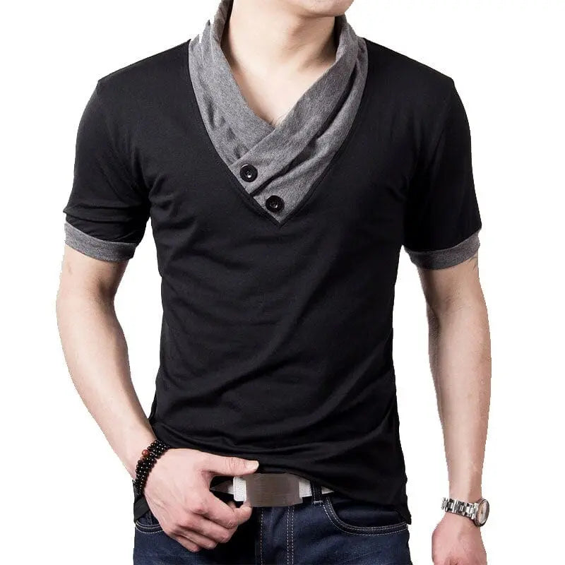 Black men's V-neck cotton T-shirt with slim fit patchwork design, short sleeves, and button detail, ideal for summer wear.