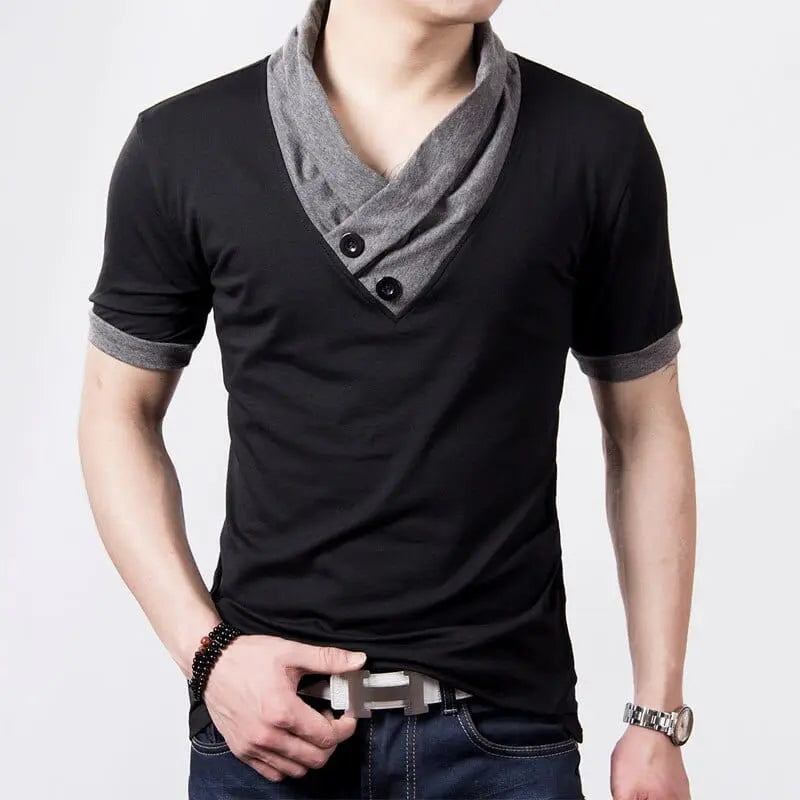 Black men's V-neck cotton T-shirt with patchwork design, slim fit, short sleeves, ideal for summer casual wear.