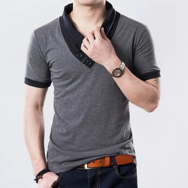 Black men's V-neck cotton T-shirt with slim fit patchwork design, short sleeves, stylish summer top from Anel Demosthene General Store