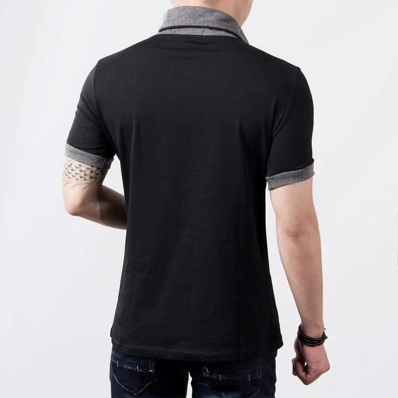 Black men's V-neck cotton T-shirt with slim fit patchwork design, short sleeves, and button detail, perfect for summer fashion.
