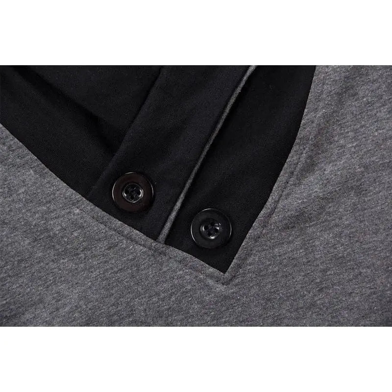 Black men's V-neck cotton T-shirt with slim fit patchwork design, short sleeves, and button detail, ideal for summer wear.
