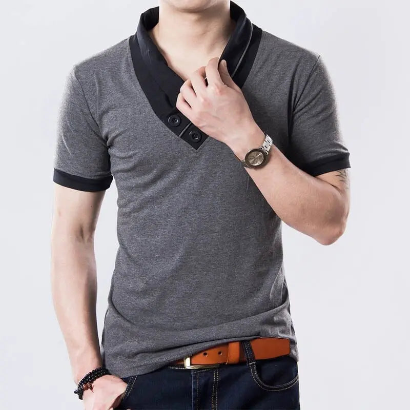 Black men's V-neck cotton T-shirt with patchwork design, slim fit, short sleeves, ideal for summer, by Anel Demosthene General Store.