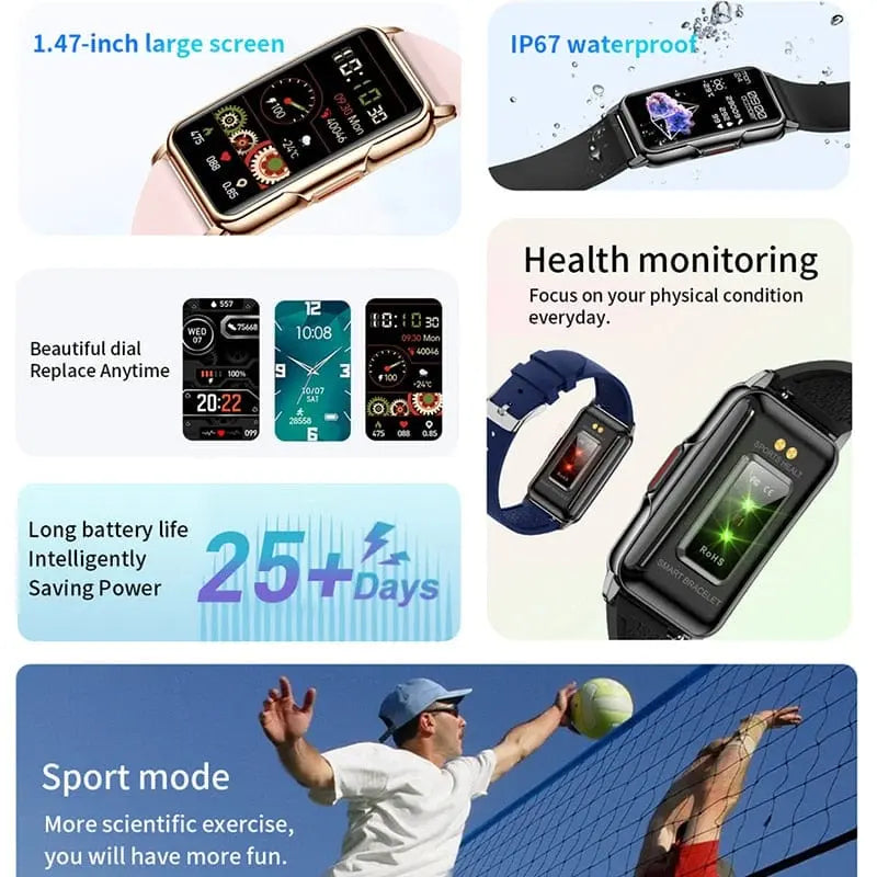 Showlu Sports Smart Watch with 1.47-inch full-touch display, waterproof IP67 fitness tracker for men and women.