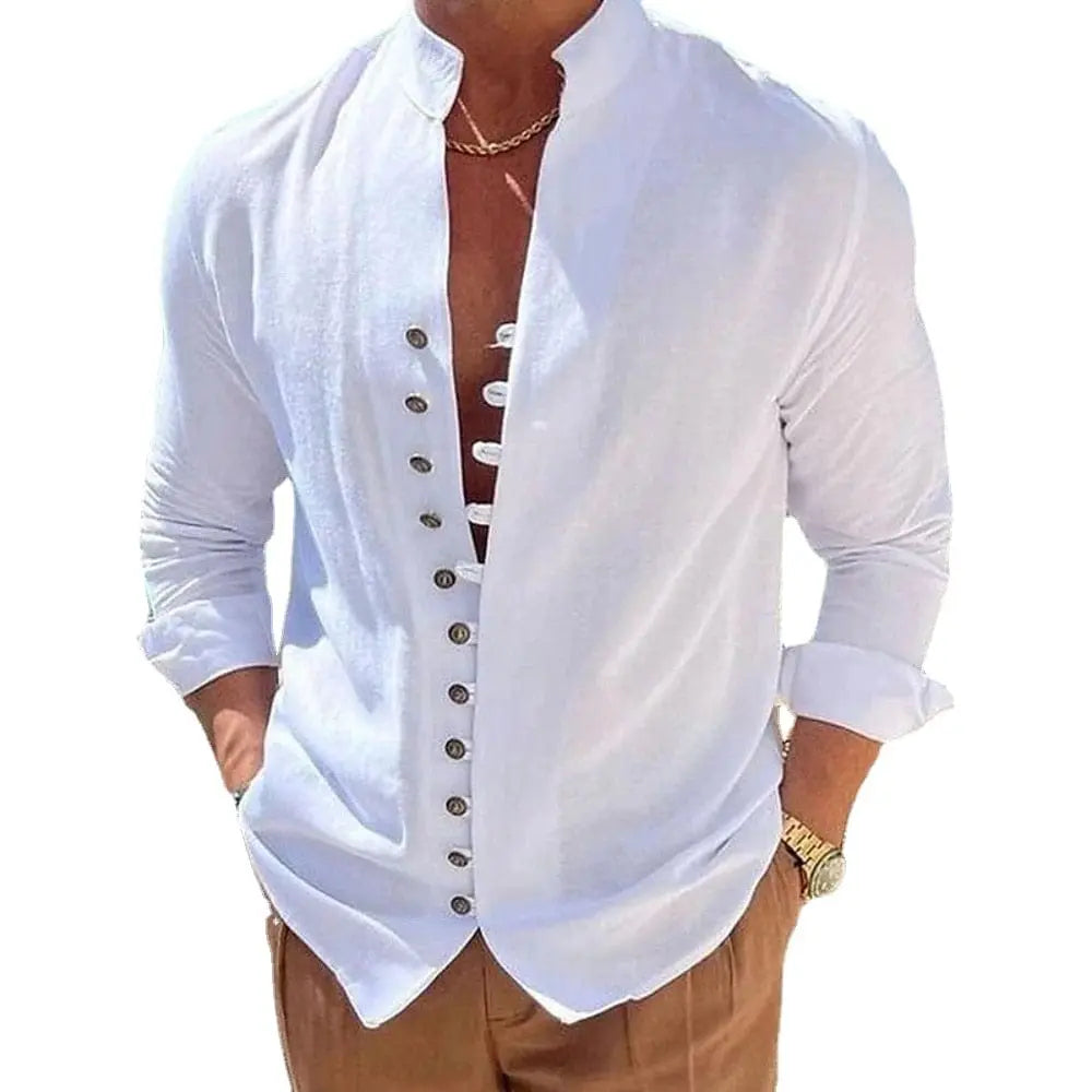 Men's solid cotton linen long sleeve casual button shirt by Showlu Fashion, featuring a loose fit and vintage style in a versatile color.