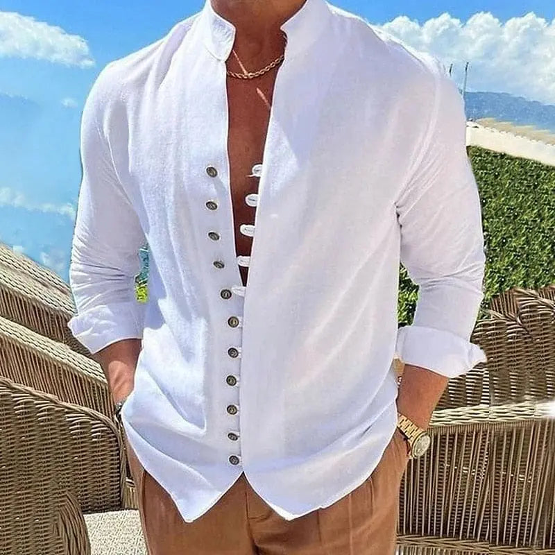 King Billion men's solid cotton linen long sleeve casual button shirt, shown in a loose fit with a vintage style for spring and autumn.