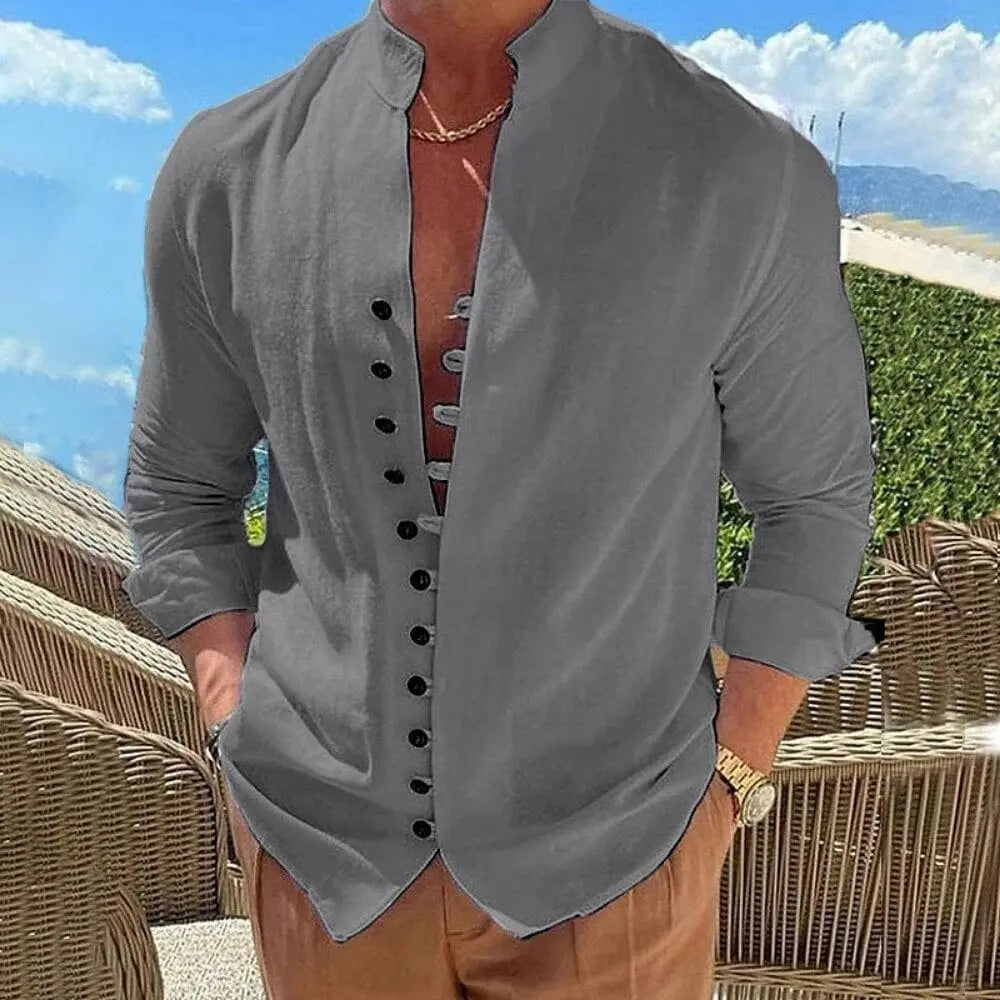 Men's solid cotton linen long sleeve casual button shirt in a loose fit, featuring a vintage style in a neutral color.