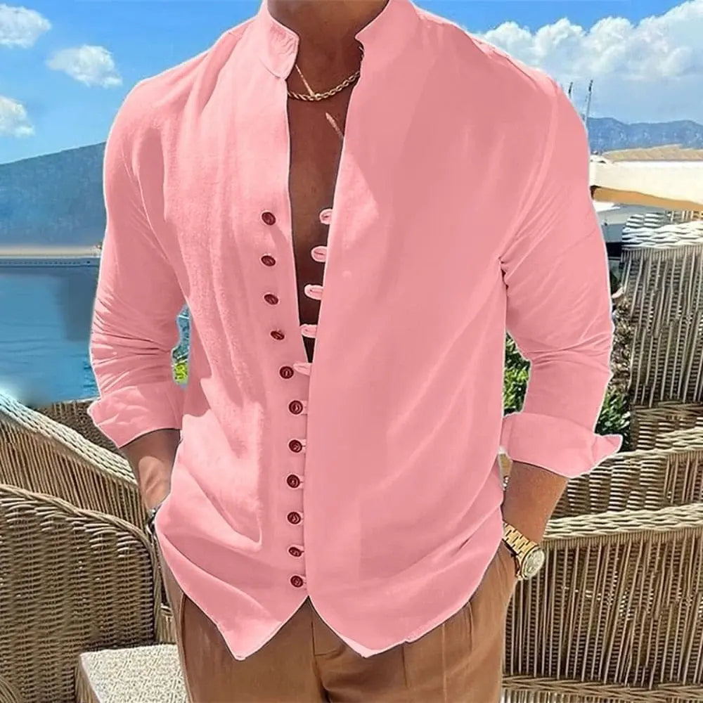 King Billion men's solid cotton linen long sleeve casual button shirt featuring a loose fit and vintage style in a solid color.