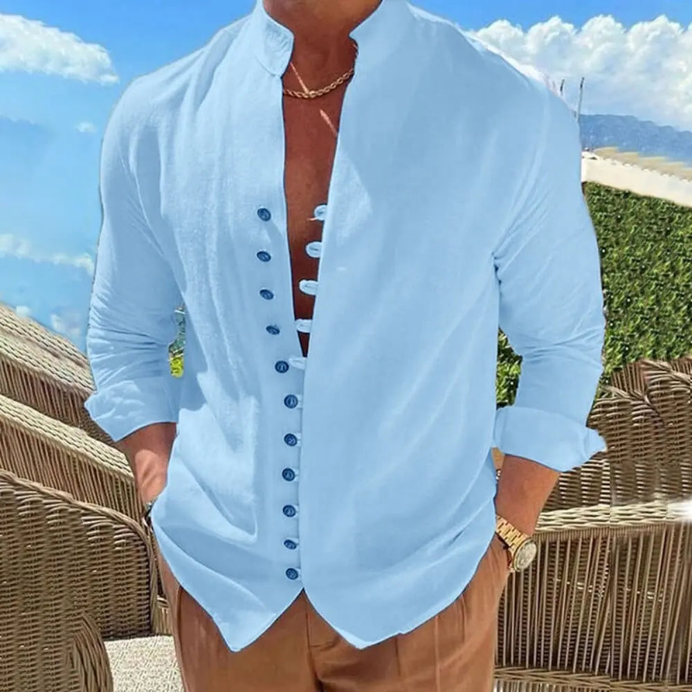 King Billion men's solid cotton linen long sleeve casual button shirt with a loose fit, perfect for spring and autumn.