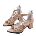 Ruandai women's rhinestone faux leather square heel sandals with hollow-out design and zipper closure, stylish summer footwear.