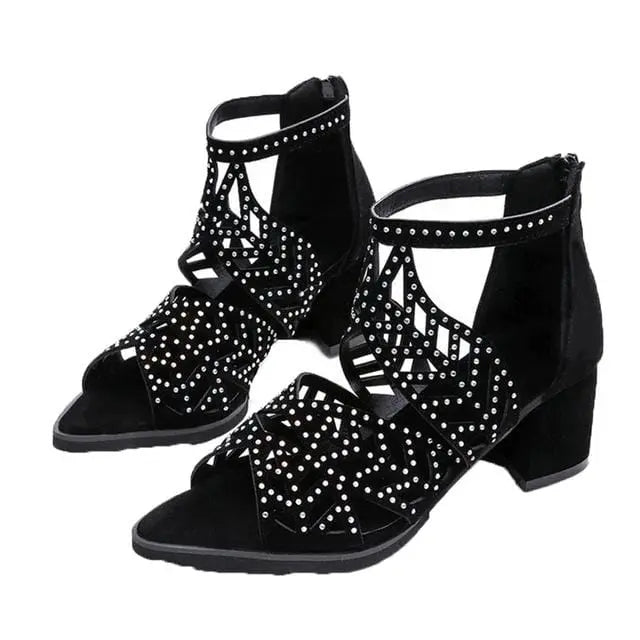 Showlu Fashion Women's rhinestone faux leather square heel sandals with hollow out design and zipper closure, available in EU sizes 35-41.