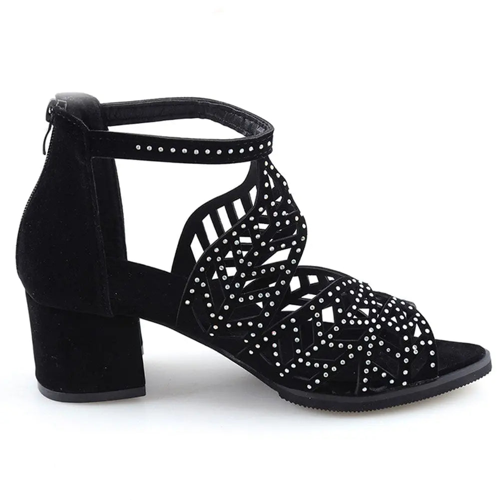 Showlu Fashion women's rhinestone faux leather square heel sandals with hollow-out design and zipper, perfect for summer wear.
