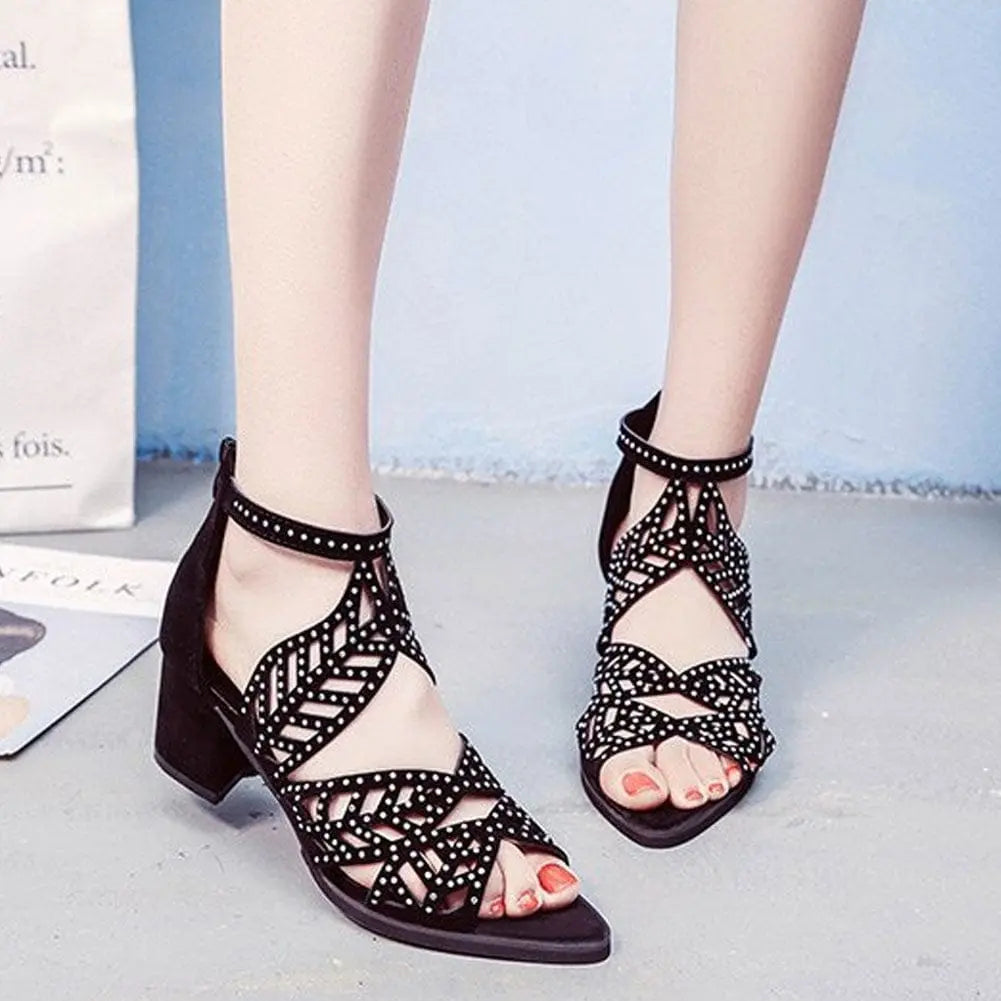Showlu Fashion Women's rhinestone faux leather square heel sandals with hollow-out design and zipper closure for summer wear.