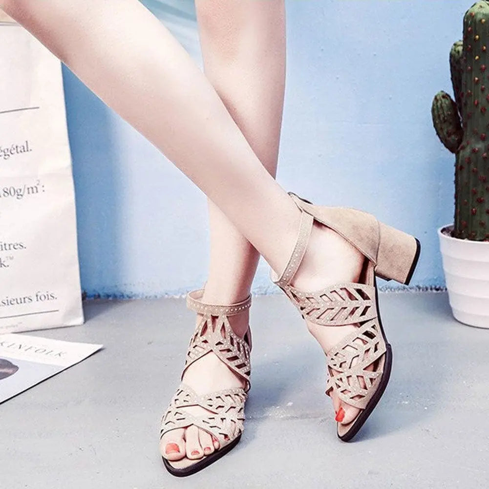 RUANDAI women's rhinestone faux leather square heel sandals with hollow out design, thick heel, and zipper closure.
