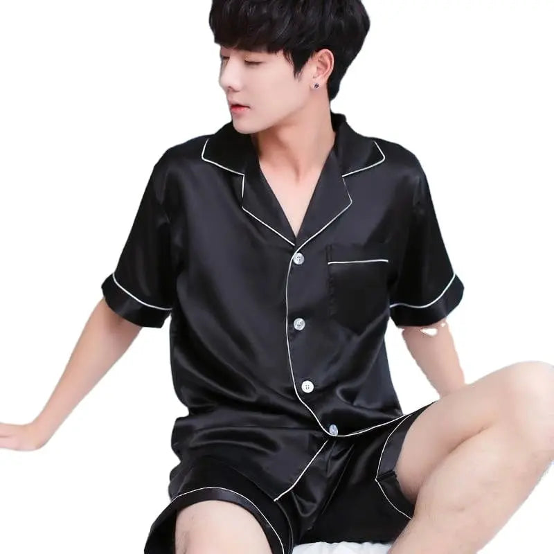 Showlu men's silk satin pajamas set with short sleeves, lightweight summer sleepwear, plus size lounge wear, two-piece comfort set.