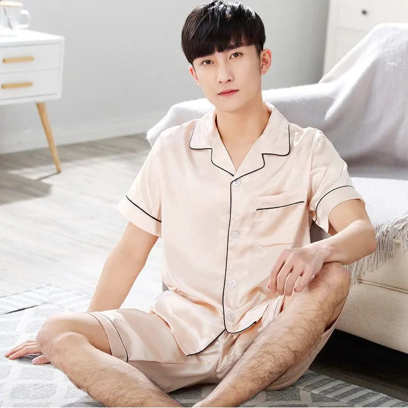 Showlu men's silk satin pajamas set with short sleeves, featuring a comfortable sleepwear lounge outfit for summer.