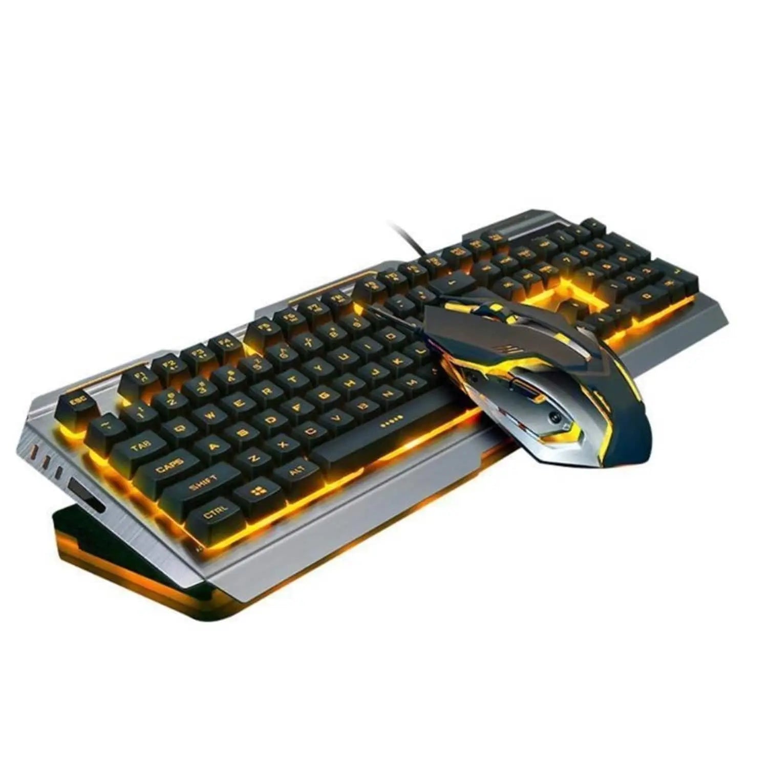 Yellow Pandora Ninja Dragons gaming keyboard and mouse set with metal frame, mechanical keys, and vibrant yellow accents.
