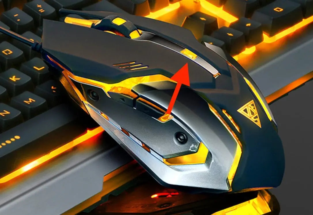 Yellow Pandora Ninja Dragons mechanical gaming keyboard and mouse set with a tungsten gold metal frame, designed for gamers.