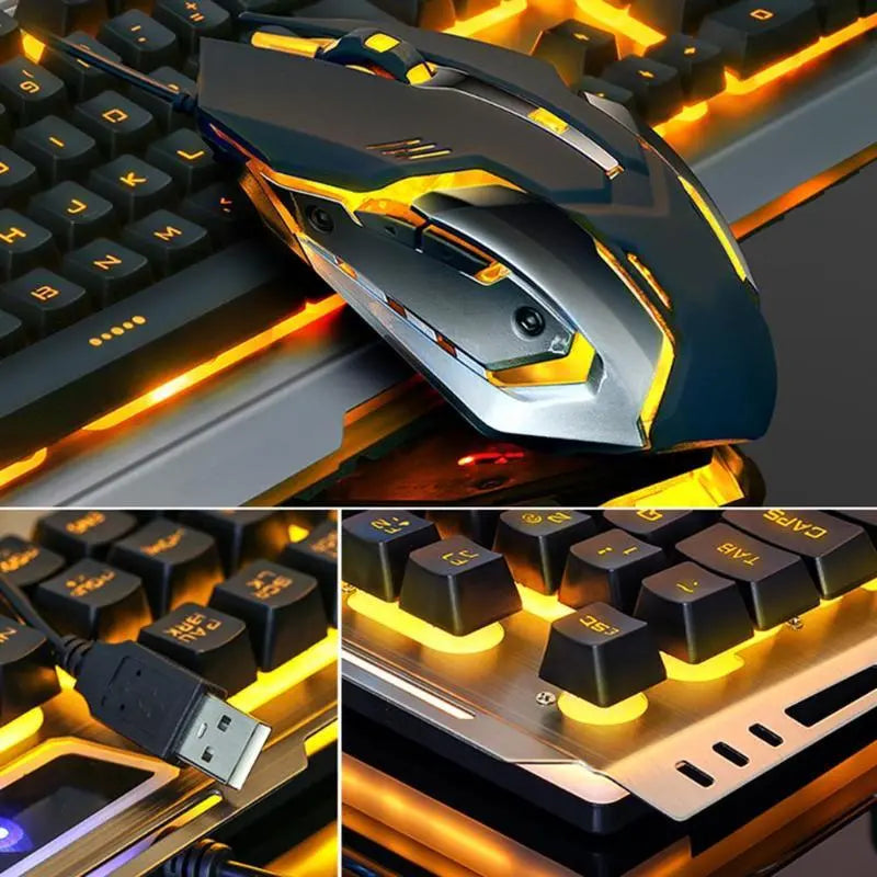 Yellow Pandora Ninja Dragons mechanical gaming keyboard and mouse set with metal frame, featuring tungsten gold accents and tech accessories design.