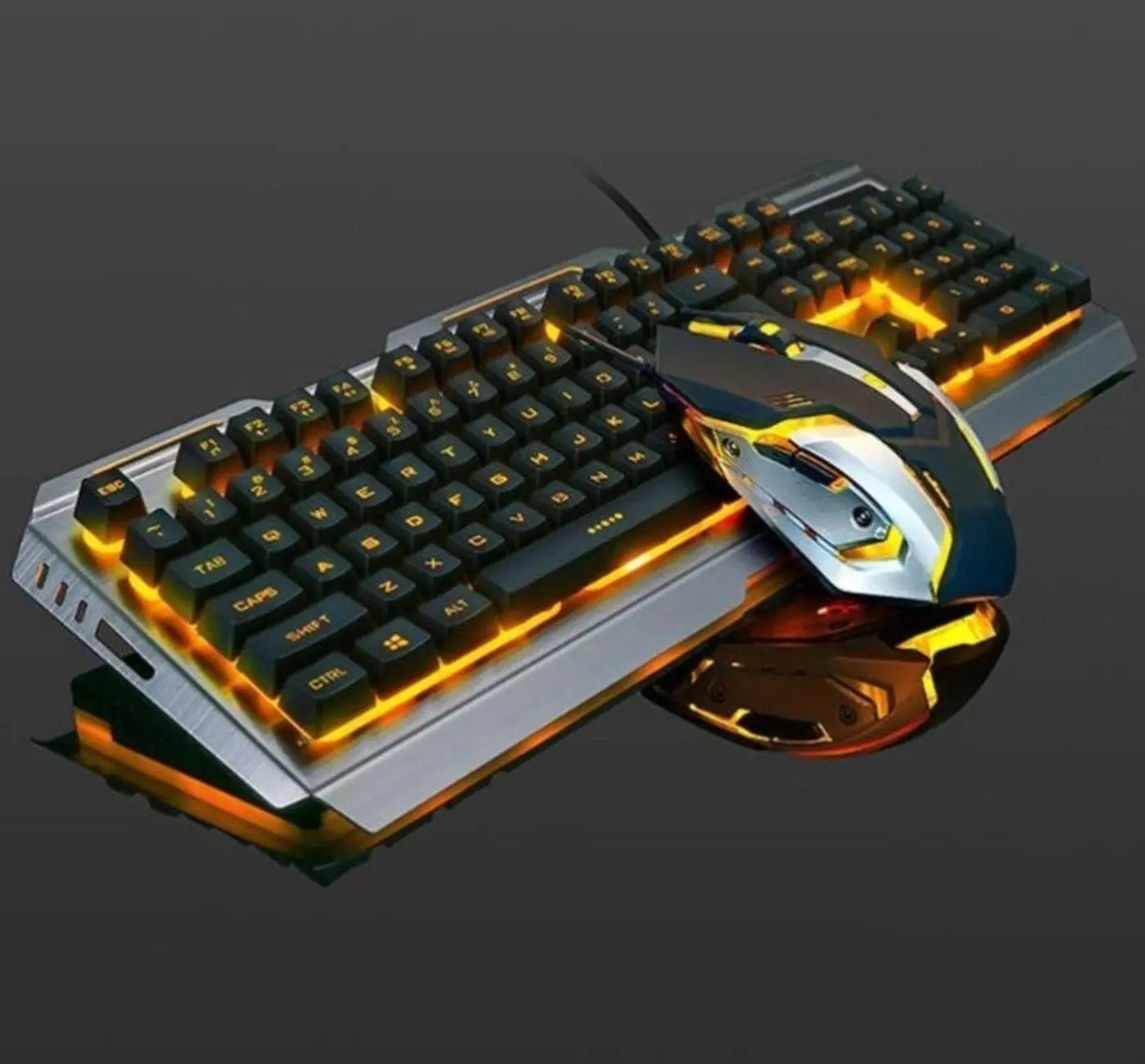 Yellow Pandora Ninja Dragons mechanical gaming keyboard and mouse set with tungsten gold metal frame for tech accessories.