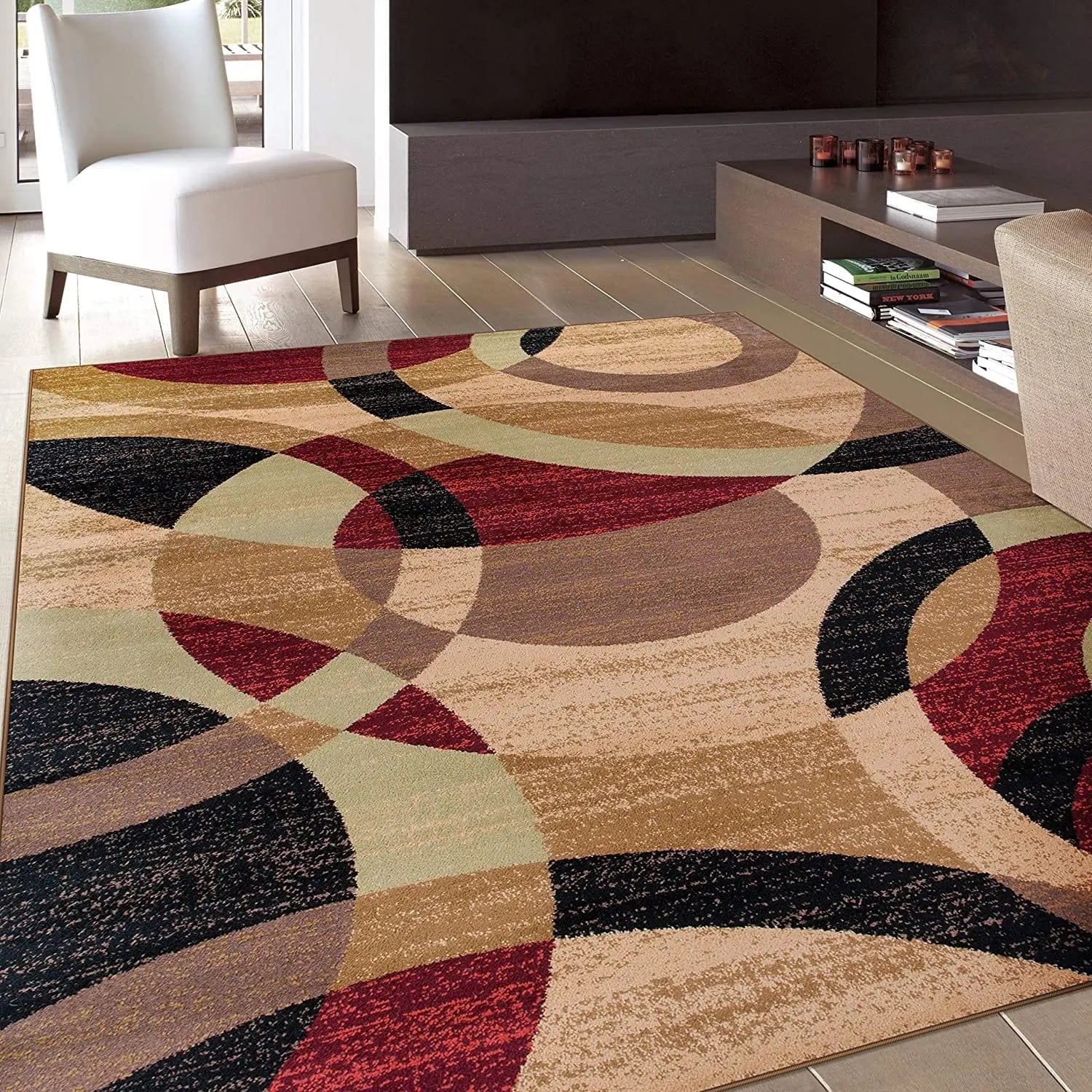 Showlu Modern Geometric Area Rug in Nordic style, polyester living room mat with contemporary design and bold geometric patterns.