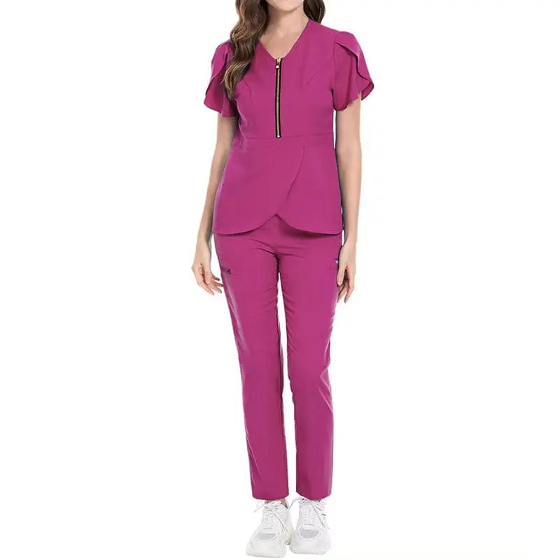 Showlu Medical Scrubs Set with stretchy fabric, reusable hospital nurse uniform, featuring a zip-front design and professional medical style.