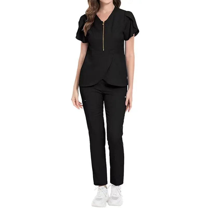 Showlu Medical Scrubs Set with stretchy fabric, reusable hospital nurse uniform, featuring zip closure and professional medical design.