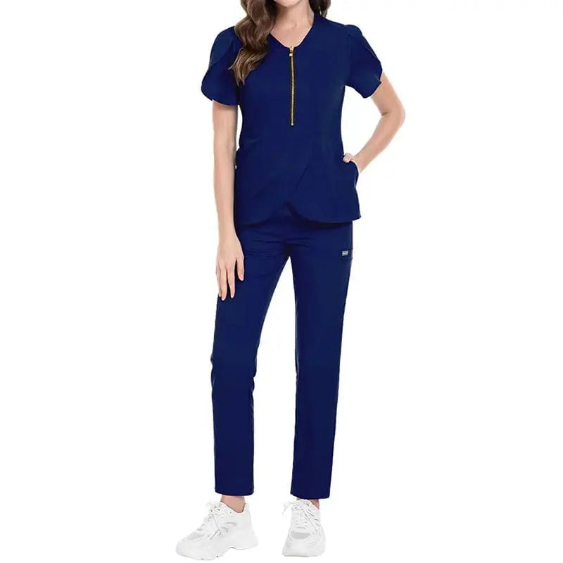 Showlu Medical Scrubs Set featuring stretchy, reusable hospital nurse uniform with zip closure, designed for healthcare professionals.