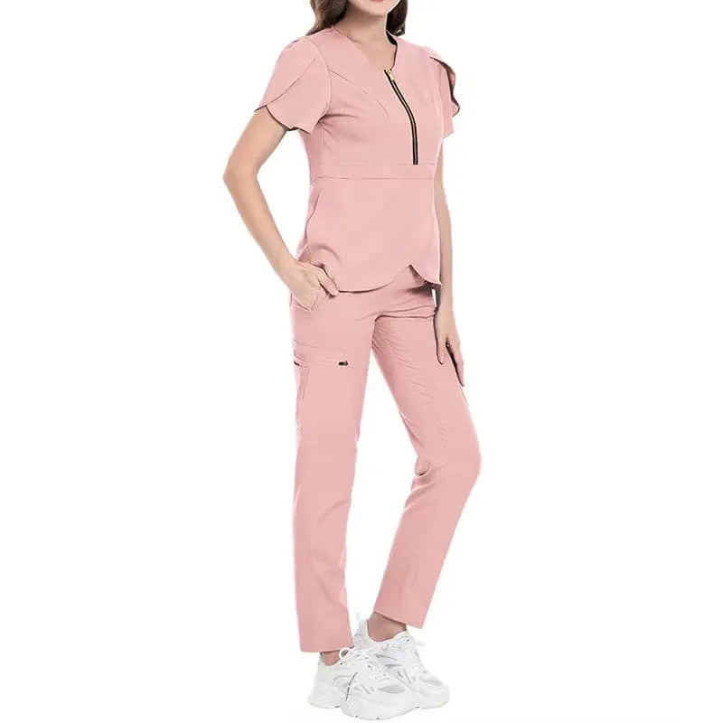 Showlu Medical Scrubs Set with stretchy fabric, reusable hospital nurse uniform, featuring zip closure and professional medical design.