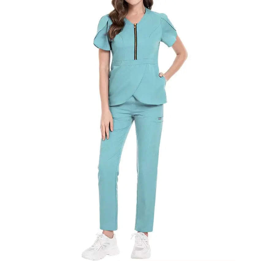 Showlu Medical Scrubs Set for nurses, featuring stretchy fabric and zip closure, designed for comfortable reusable hospital uniforms.