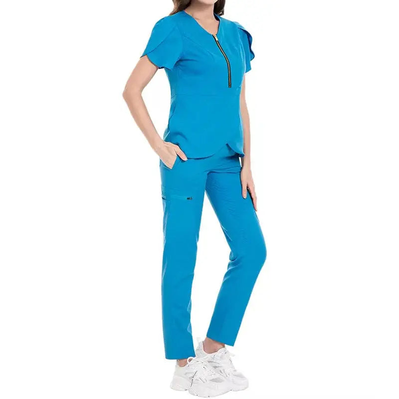 Showlu Medical Scrubs Set featuring stretchy, reusable hospital nurse uniforms with zip closures and comfortable fit.