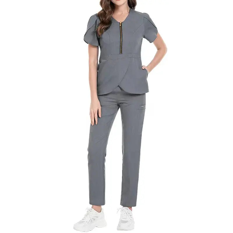 Showlu Medical Scrubs Set featuring stretchy, reusable hospital nurse uniforms with zip closures and comfortable fit.