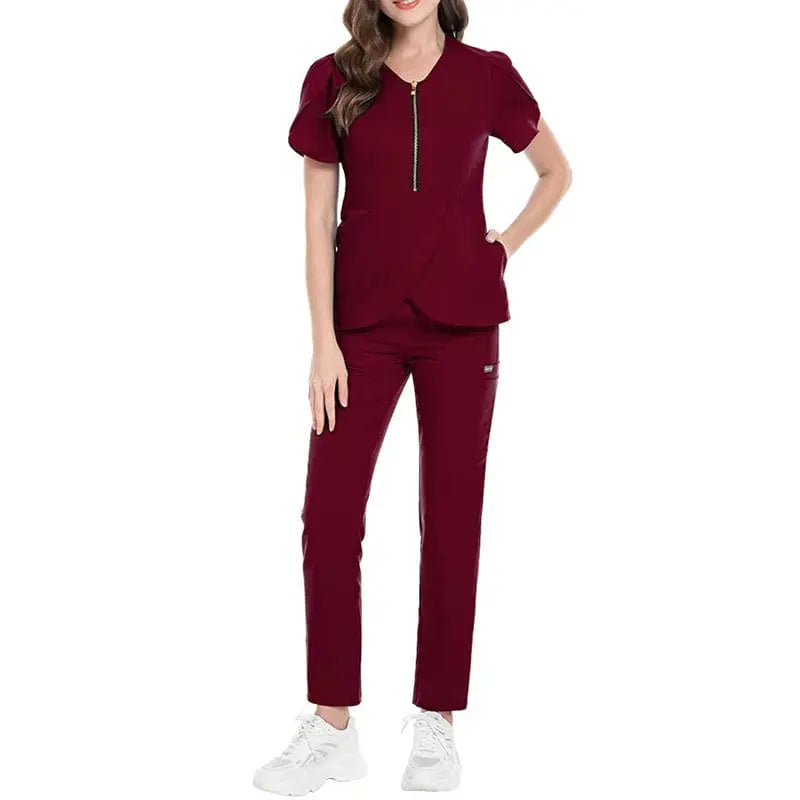 Showlu Medical Scrubs Set with stretchy fabric, reusable hospital nurse uniform, featuring zip closure, ideal for healthcare professionals
