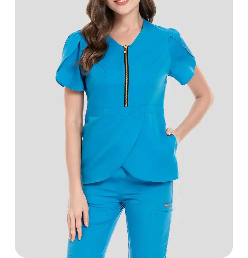 Showlu Medical Scrubs Set with stretchy fabric, reusable hospital nurse uniforms, featuring zip closure and comfortable fit.