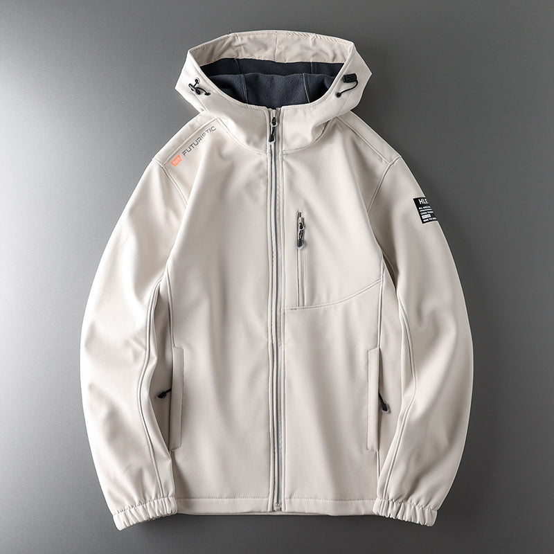 Men's windproof fleece soft shell jacket with hood, outdoor sportswear by SHOWLU FASHION STORE, ideal for outdoor activities.